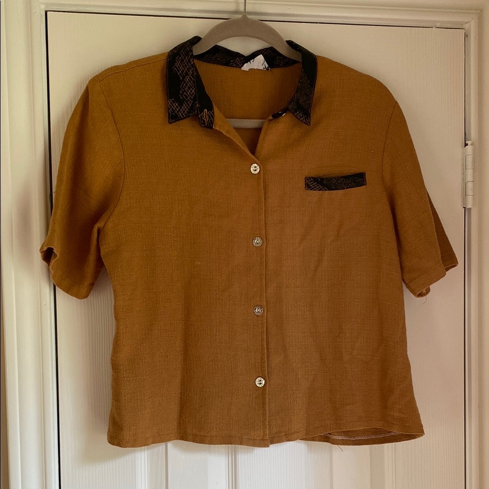 Vintage Flax Linen Tan and Black Button-Up Shirt Made in Japan